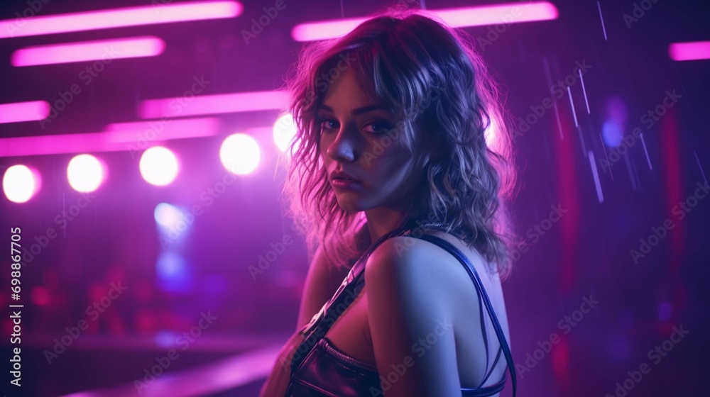
Young woman dancer posing in dark night club interior with neon lights