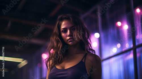  Young woman dancer posing in dark night club interior with neon lights