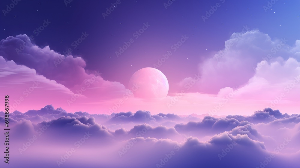 Mystical Moonlit Sky, Purple Gradient Wallpaper with Clouds and Stars. Generative Ai