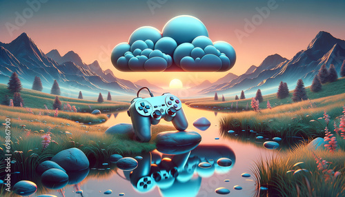 Vintage-modern landscape with ethereal clouds and integrated gaming controller.