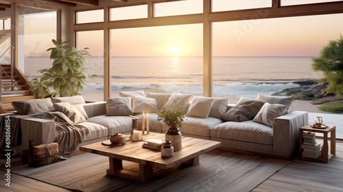 夕陽の美しいオーシャンビューのリビングルーム部屋 Ocean view living room with beautiful sunset  photo