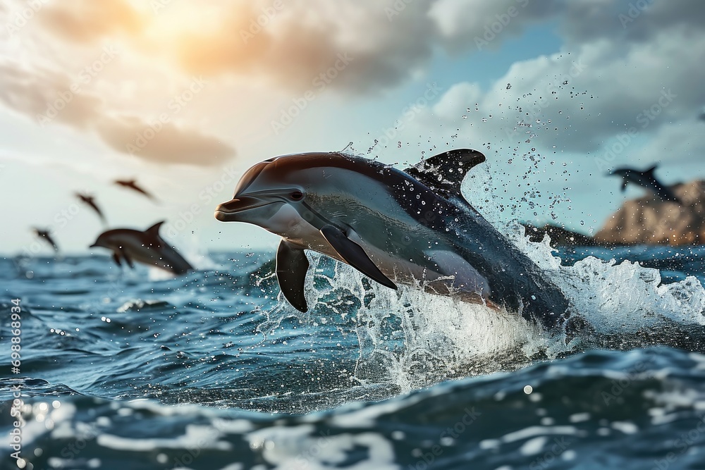 Obraz premium Dolphin jumping out of water. Generative AI.