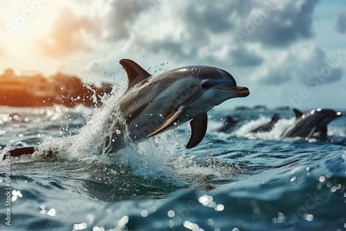 Dolphin jumping out of water. Generative AI.