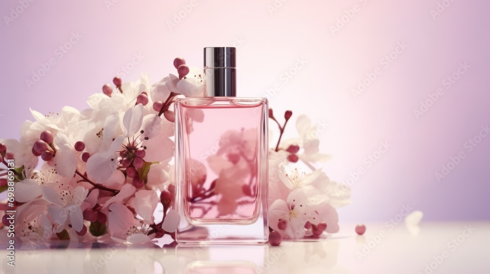 Floral luxury transparent bottle perfume showcase. Generative Ai Floral luxury transparent bottle perfume showcase. Generative Ai