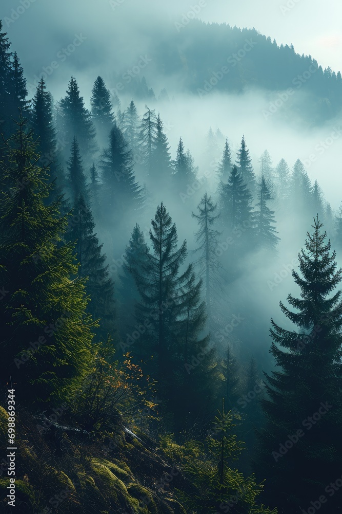 The land of pine trees, Rain forest, Mist, Autumn fog. Generative AI.
