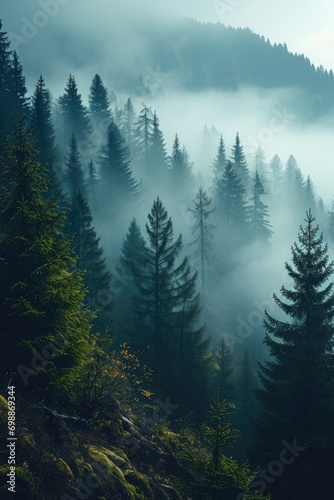 The land of pine trees, Rain forest, Mist, Autumn fog. Generative AI. © visoot