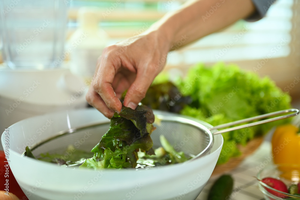 Senior man sorting fresh green lettuce, preparing healthy vegetarian meal in kitchen. Senior man sorting fresh green lettuce, preparing healthy vegetarian meal in kitchen.