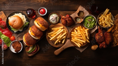 delivery foods. Hamburgers, pizza, fried chicken and sides. Top down view 