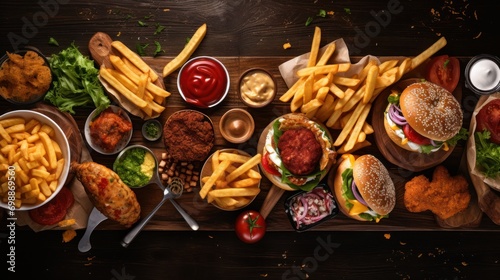 delivery foods. Hamburgers, pizza, fried chicken and sides. Top down view  photo