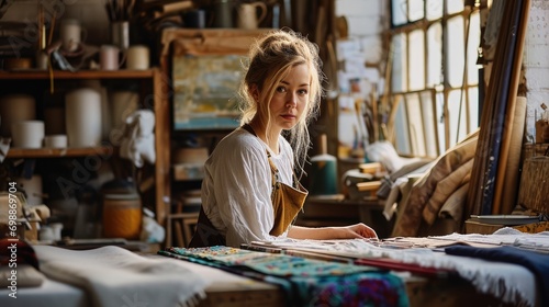 Blonde woman working at a bench in a large art craft room surrounded by fabric. Generative AI.