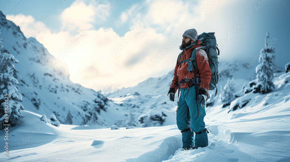 A man with equipment in the snow. Generative AI. A man with equipment in the snow. Generative AI.
