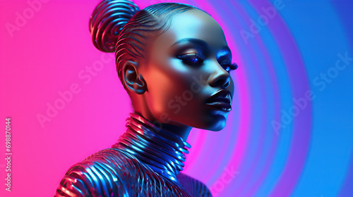 Young adult woman with futuristic make-up on pink background.