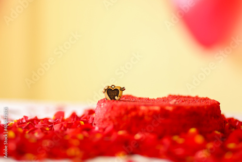 Red velvet cake and wine, engagement romantic dinner, Valentines celebration