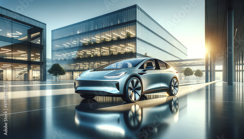 Futuristic electric vehicle in sleek corporate environment.