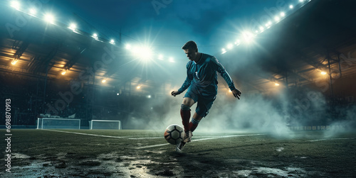 Soccer player kicks ball at stadium with stadium lights in the background. Generative AI.