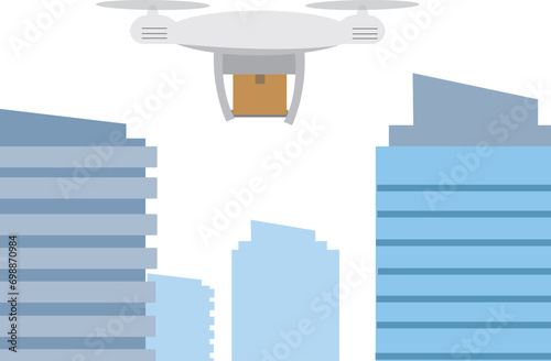 Delivery drone with the cardboard box flying over the town. Quadcopter carrying a package to customer. Technological shipment innovation. Drone delivery service