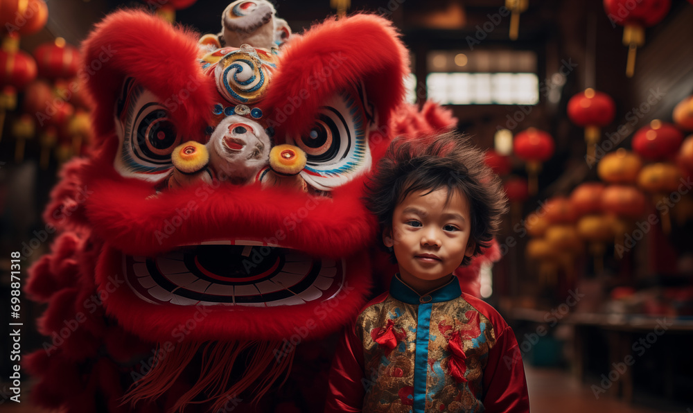 A little boy in a red Chinese costume stands in front of a lion dance, facing the audience in an epic portrait style, with diverse cultural elements, rich details, photo taking, dragon art