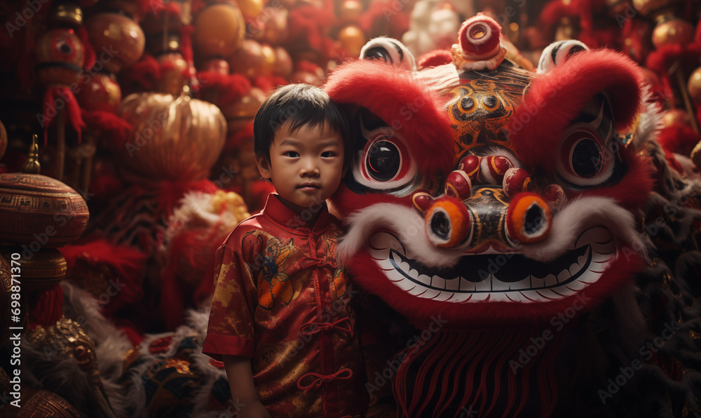 A little boy in a red Chinese costume stands in front of a lion dance, facing the audience in an epic portrait style, with diverse cultural elements, rich details, photo taking, dragon art