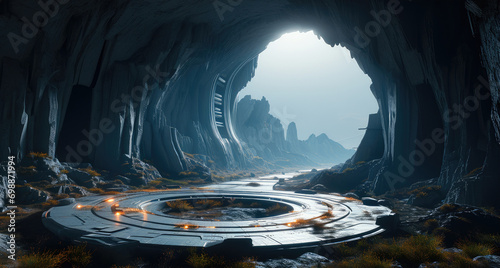 A huge futuristic underground spaceport on an alien planet. Generative AI. photo