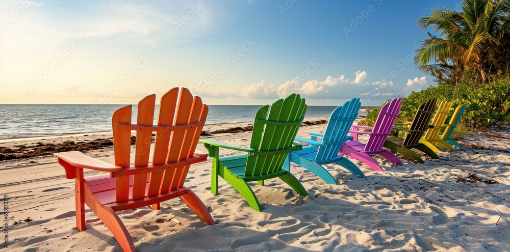 Adirondack Beach Chairs on a Sun Beach in front of a Holiday Vac - obrazy, fototapety, plakaty 
