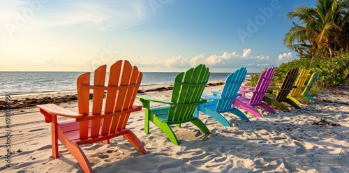 Papier peint Adirondack Beach Chairs on a Sun Beach in front of a Holiday Vac