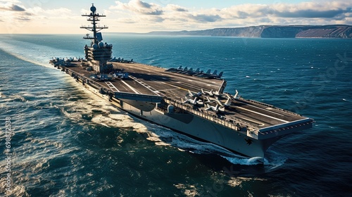 The Royal Navy aircraft carrier, Aerial high view. Generative AI. photo