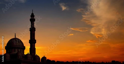 video of a mosque with a morning atmosphere at sunrise for congratulations on Ramadan, happy Eid al-Fitr and other Islamic greatdays