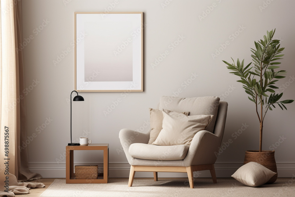 Poster Frame Mockup in Minimalist Interior created with Generative AI Poster Frame Mockup in Minimalist Interior created with Generative AI