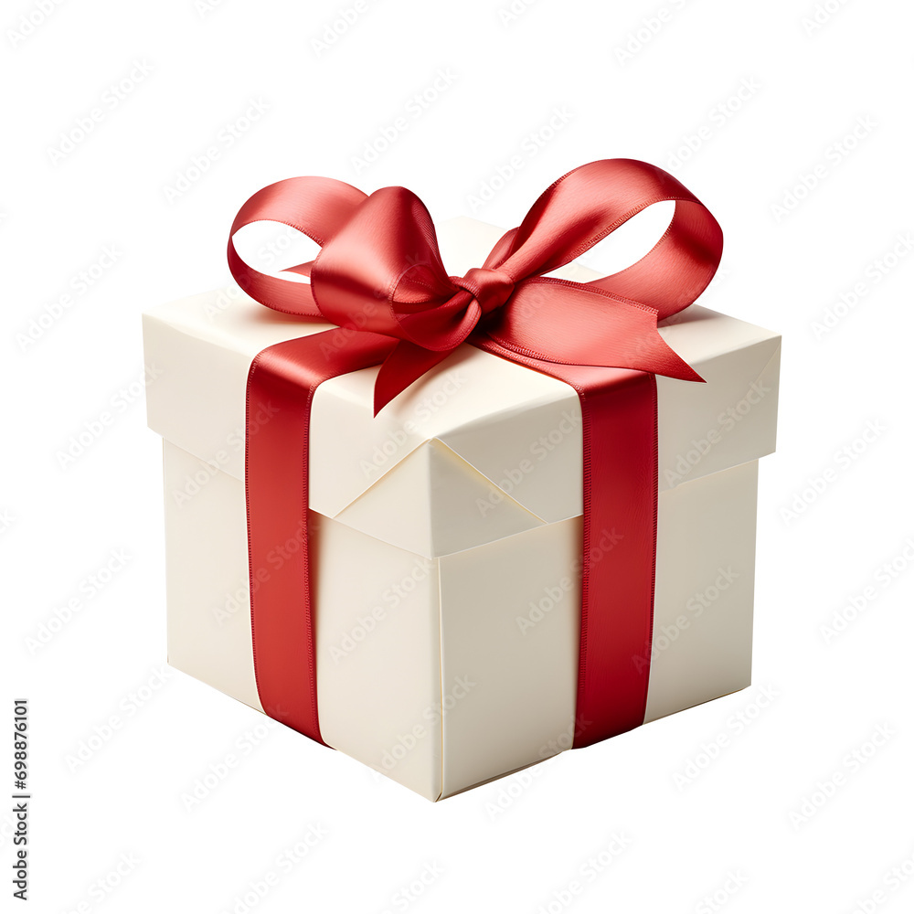 Fototapeta premium White gift box with red ribbon and bow on transparent background.