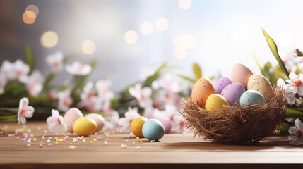 Emmpty wooden table background - easter spring theme