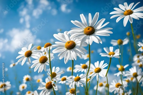 Dainty daisies swaying in a gentle breeze, with a backdrop of a clear summer sky. © NB arts