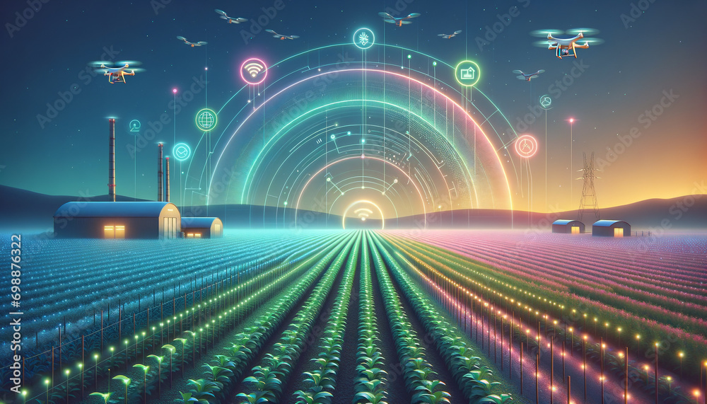 Twilight smart farm with IoT sensors and drones monitoring crops Stock ...