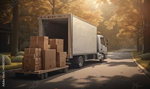 A photo realistic image of a moving truck with the trunk open and some boxes on the front side of the trunk and some boxes on the outside © Natali