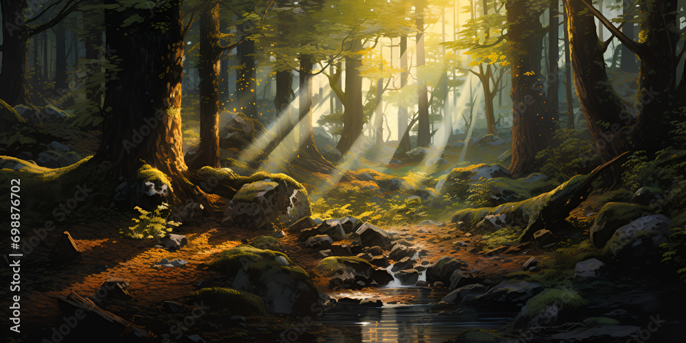 Sun Rays Illuminating the Autumn Landscape with Vibrant Leaf Fall Sun Rays Illuminating the Autumn Landscape with Vibrant Leaf Fall