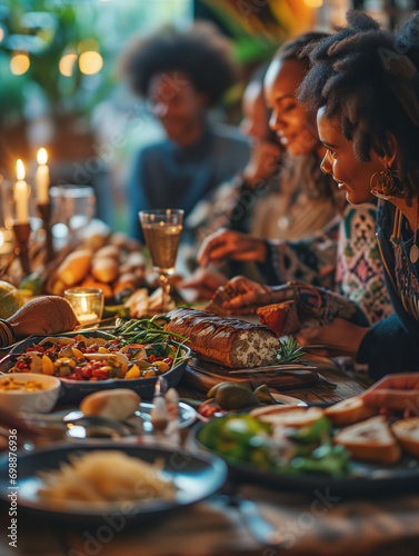 A Group Of Friends From Diverse Backgrounds Enjoying A Meal Together During Black History Month Symbolizing Togetherness