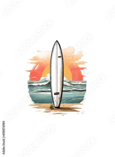 2d flat drawing of a vintage distressed graphic design surfing board isolated on white background