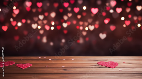 Empty old wooden table background with valentines day theme in background photo