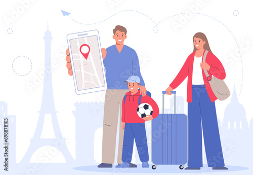 Family with baggage, trip to Paris. Man is holding smartphone with mobile navigation app, destination is displayed on screen. Gps navigation.