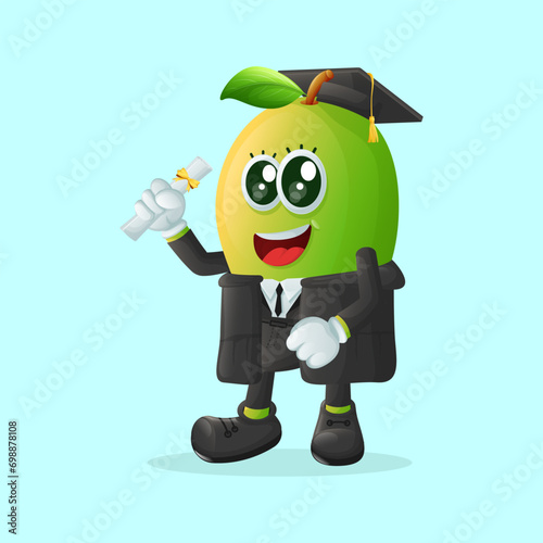 Cute manggo character wearing a graduation cap and holding a diploma