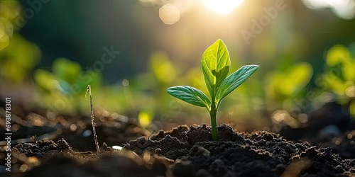 Closeup of green growth saplings and seedlings embracing warm sunlight. Nurturing nature promise. Bright beginning with symbolizing and environmental care