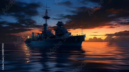 Warship on still water in the ocean,generative ai