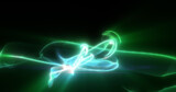 Abstract waves of green energy magic smoke and glowing lines on a black background