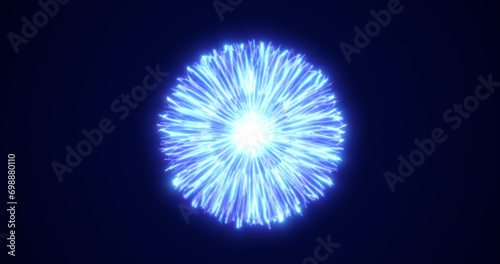 Abstract glowing looped light energy blue round sphere atom from lines of wave dots and particles abstract background