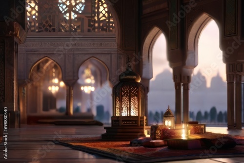 Muslim prayer rug and lanterns in the mosque. Ramadan Kareem background © Dustin Ai