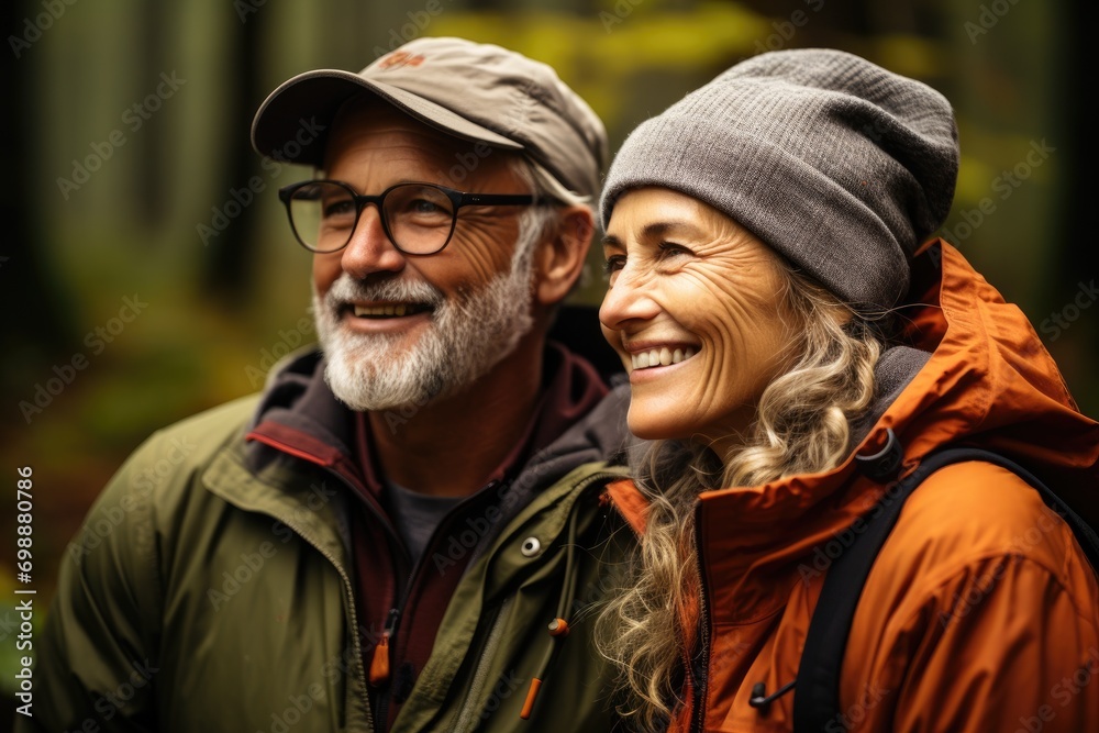 Senior couple has joying the green beautiful nature woods forest around her - concept healthy natural lifestyle - happiness emotion. Senior couple has joying the green beautiful nature woods forest around her - concept healthy natural lifestyle - happiness emotion.