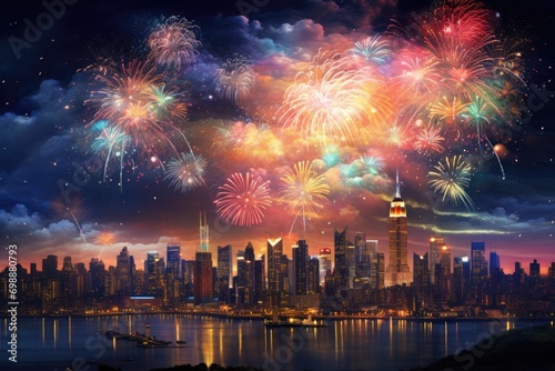 Fireworks over the city in rainbow color