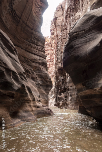 High mountains at end of Mujib River Canyon tourist route in Wadi Al Mujib in Jordan