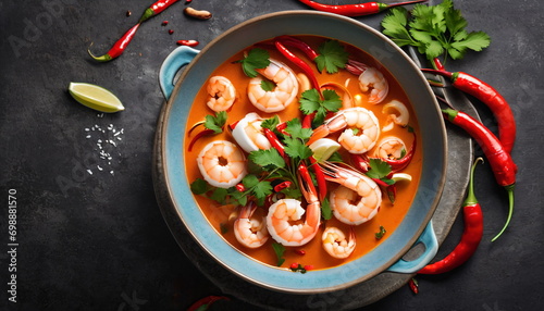 Top View of Spicy Tom Yam Kung Thai Soup with Shrimp