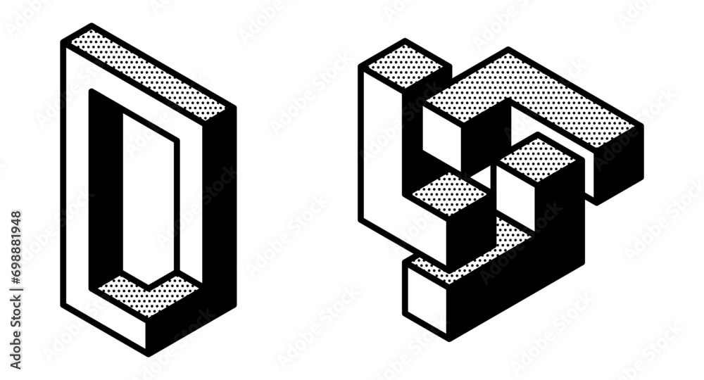 Impossible shapes design. Abstract Fascinating shapes isolated on white background. Optical illusion. Vector illustration. Impossible shapes design. Abstract Fascinating shapes isolated on white background. Optical illusion. Vector illustration.