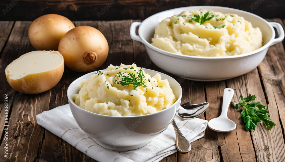 White Bowl of Mashed Potatoes on Wooden Table White Bowl of Mashed Potatoes on Wooden Table